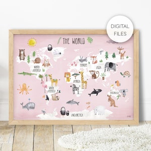 Digitale Datei der Pip+Phee-Weltkarte mit Tieren – Pink – zum Ausdrucken