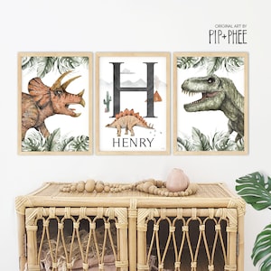 Pip+Phee Personalised Jurassic Dinosaur Jungle Set of 3 Art Prints - Nursery - Boys Room Decor