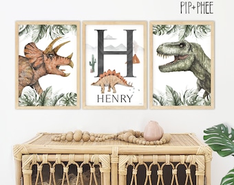 Pip+Phee Personalised Jurassic Dinosaur Jungle Set of 3 Art Prints - Nursery - Boys Room Decor