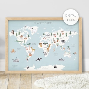 Digitale Datei von Pip+Phee Weltkarte mit Tieren - Aqua - Planet Erde