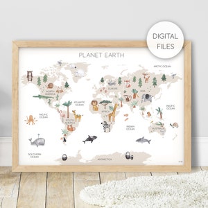Digitale Datei pip+phee Weltkarte mit Tieren - Weiß - Planet Erde