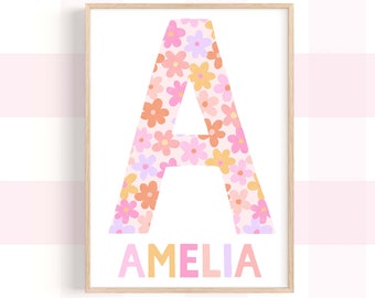 Pip+Phee Personalised Daisy Letter & Name Wall Print - Bright - Girls Nursery Art