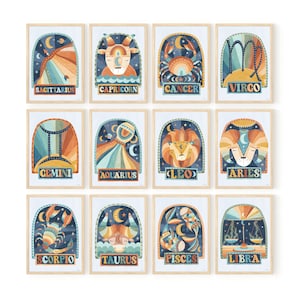 Pip+Phee Horoscope Zodiac Art Prints - Blue/Rust - Leo Capricorn Aquarius Virgo Libra Gemini Taurus Aries Cancer Scorpio Pisces Sagittarius
