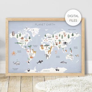 Fichier numérique de la carte du monde Pip+Phee avec des animaux - Bleu - Planète Terre