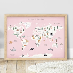 May include: A pink world map with illustrations of animals and plants from different continents. The map includes the names of the continents and oceans. The title of the map is "Planet Earth".