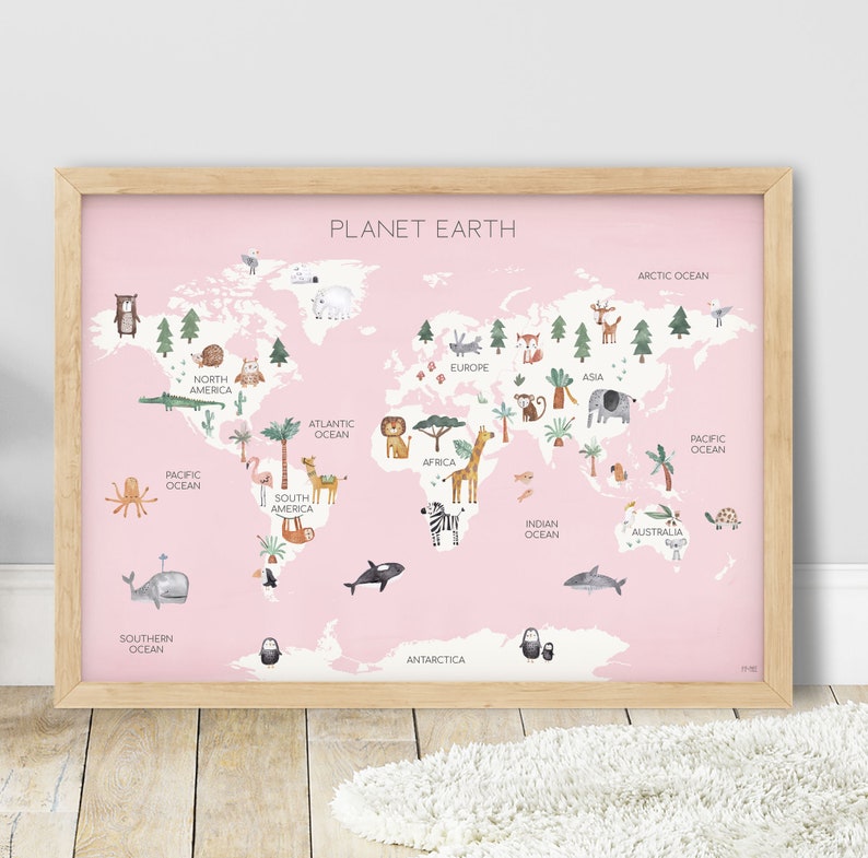 May include: A pink world map with illustrations of animals and plants from different continents. The map includes the names of the continents and oceans. The title of the map is "Planet Earth".