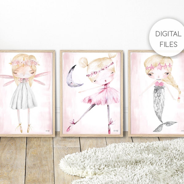 DIGITAL FILE of Pip+Phee Fairy, Ballerina & Mermaid Print Set (Blonde) - Printable Art - Files Only