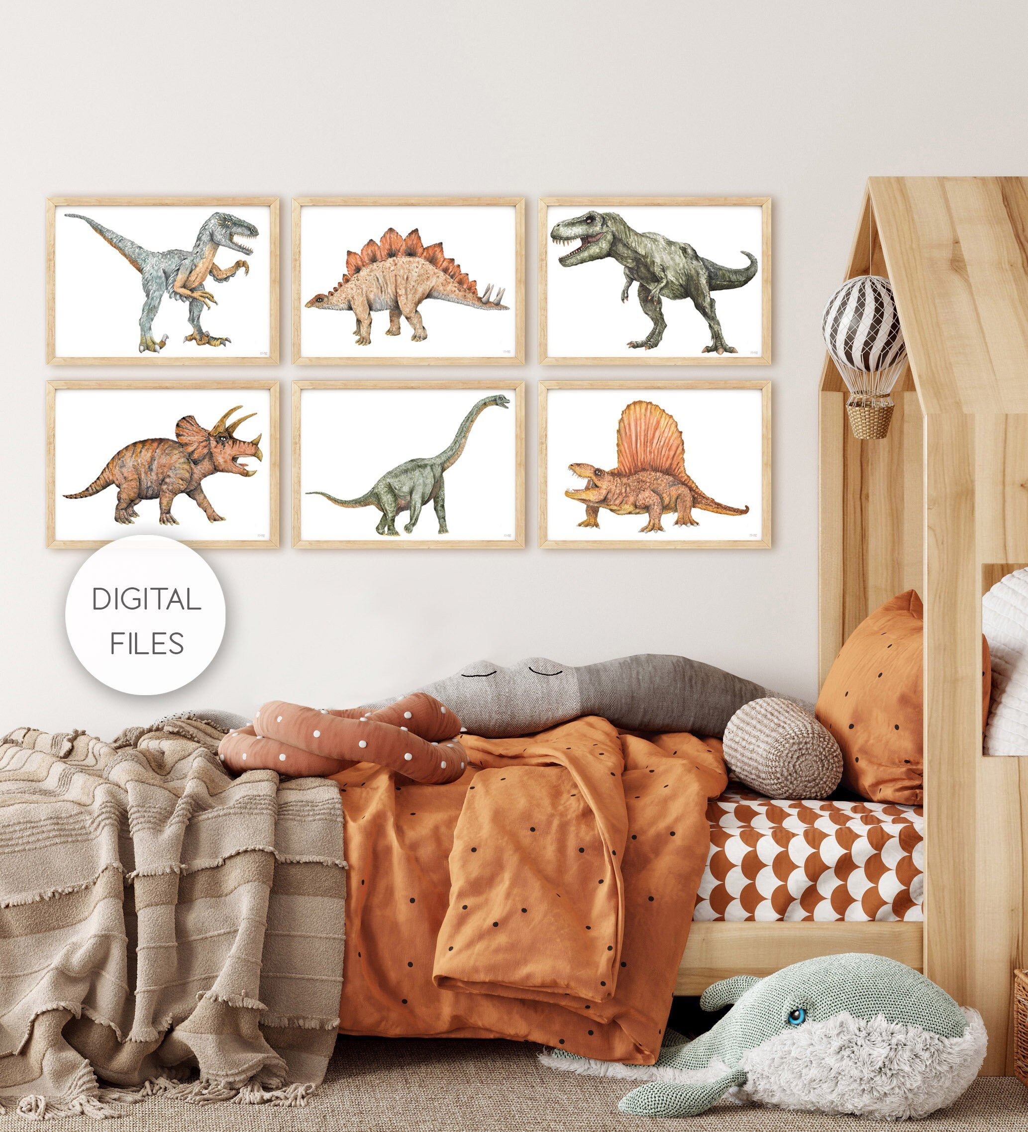 Digital Files of Pip+Phee Jurassic Dinosaur Set of 6 Printables - Boys Nursery Decor Art
