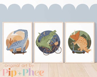 Pip+Phee Dinosaur Riders Set of 3 Art Prints - Nursery - Boys Room Decor