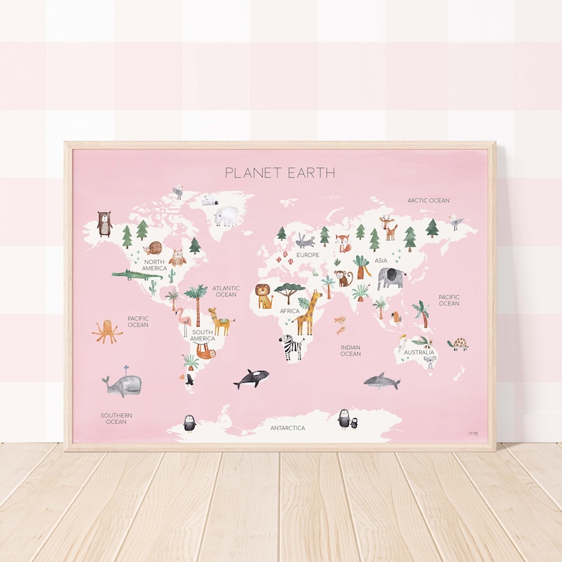 May include: A pink world map with a wooden frame, featuring illustrations of animals and continents. The map includes the text "PLANET EARTH" at the top and names of continents and oceans.