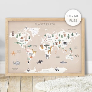 Digital File of Pip+Phee World Map with Animals - Tan - Planet Earth