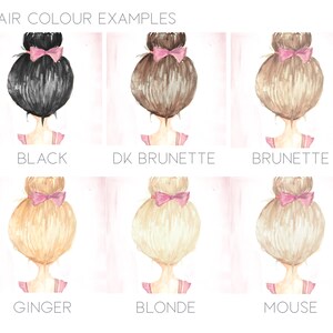 May include: Six illustrations of girls with different hair colors. The hair colors are black, dark brunette, brunette, ginger, blonde, and mouse.
