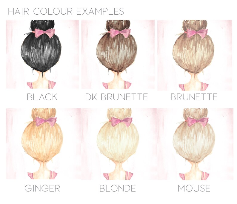 May include: Six illustrations of girls with different hair colors. The hair colors are black, dark brunette, brunette, ginger, blonde, and mouse.