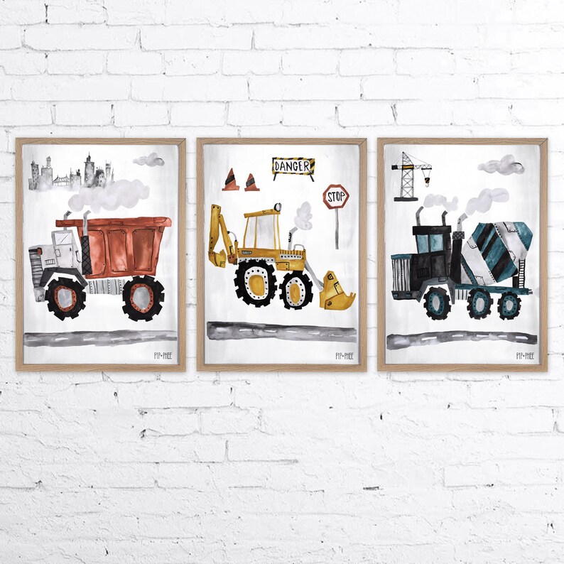 PipPhee Diggers & Trucks Construction Wall Print Set Boys Room Nursery Choose 1, 2 or 3 Prints image 2