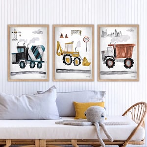 PipPhee Diggers & Trucks Construction Wall Print Set Boys Room Nursery Choose 1, 2 or 3 Prints image 1