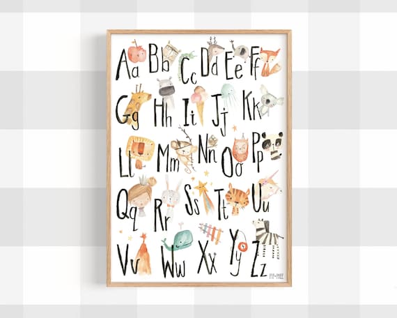 Poster Alfabeto E Numeri Su Tela Con Cornice In Legno - Decorazione Da Parete Educativa Per Cameretta Bambini, Asilo Nido E Stanza Giochi - 30,5 X 40,6 Cm