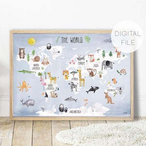 Digitale Datei von Pip+Phee Weltkarte mit Tieren druckbar - BabyZimmer Spielzimmer Dekor Kunst