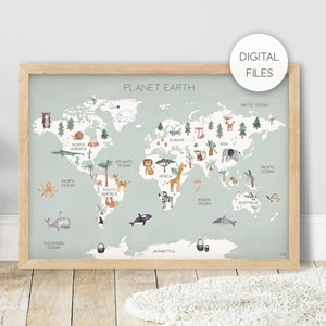 Digitale Datei von Pip+Phee Weltkarte mit Tieren - Salbei - Planet Erde