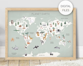Digital File of Pip+Phee World Map with Animals - Sage - Planet Earth