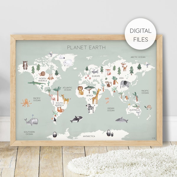 Digital File of Pip+Phee World Map with Animals - Sage - Planet Earth