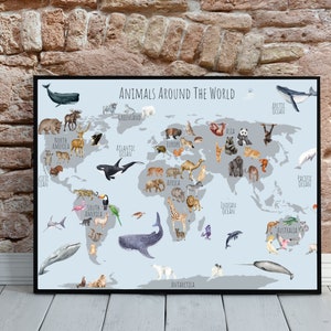 Tiere auf der ganzen Welt, A3 Poster - eine schöne Karte, die zeigt, wo verschiedene Tiere auf der ganzen Welt leben **nur als digitaler Download**