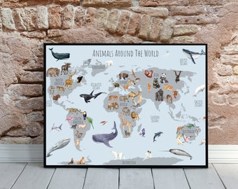 Animal World Map Print, Educational A3 Poster (Digital Download)