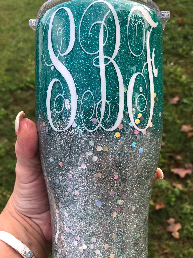 Glitter Tumbler Glitter Cup Teal & Silver Ombre Name Initial Etsy