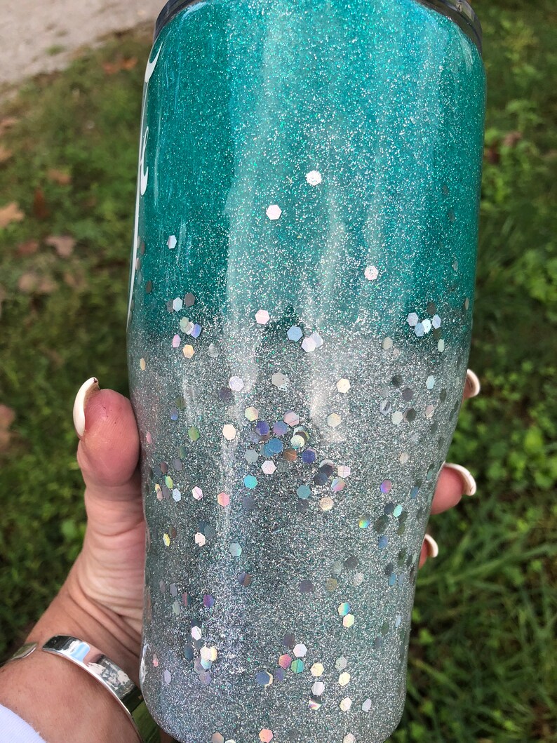 Glitter Tumbler Glitter Cup Teal & Silver Ombre Name Initial Etsy