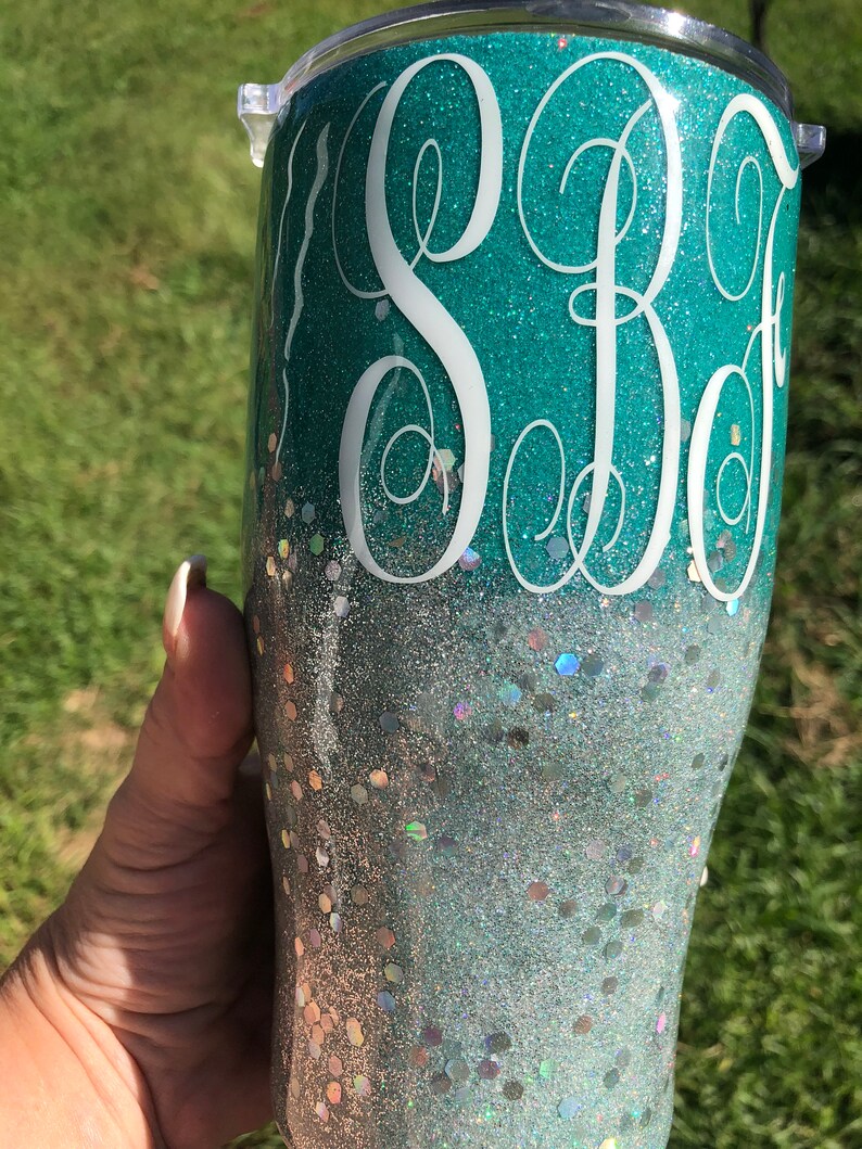Glitter Tumbler Glitter Cup Teal & Silver Ombre Name Initial Etsy