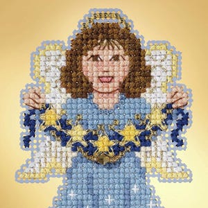 May include: A cross-stitch angel ornament with a blue dress and white cross details. The angel has brown hair, a gold halo, and holds a garland of gold and blue stars. The wings are white and yellow.