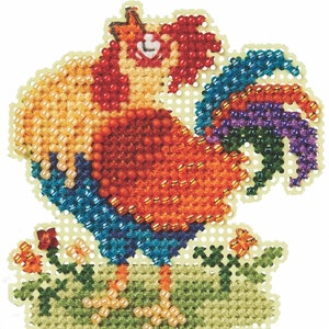 May include: A colorful beaded rooster cross stitch pattern with a red comb, orange body, blue and green tail feathers, and yellow flowers.