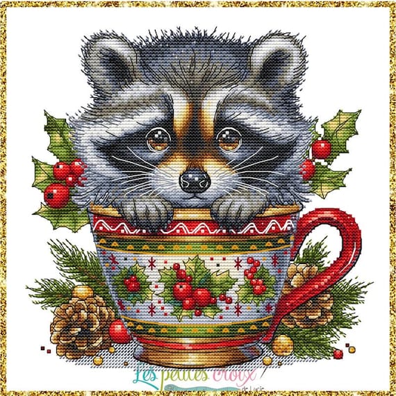 Christmas Animal Cup #4 Raccoon counted cross stitch leaflet by Les petites Croix de Lucie
