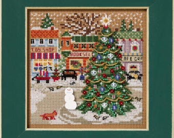 Holiday Square Christmas Village Mill Hill 2025 Winter Series Buttons and Bead Cross Stitch Kit MH142535