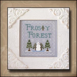 May include: A framed cross-stitch piece with the words "Frosty Forest" in teal. The image features a snowman, evergreen trees, and snowflakes on a light blue background. The frame is white with ornate corner designs.