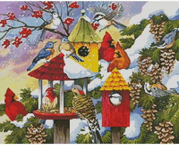 Mini Meeting at the Bird Feeder Counted Cross Stitch Pattern by Artecy Cross Stitch