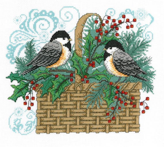 Diane Arthurs Counted Cross Stitch Pattern ~ Winter Chickadee Basket