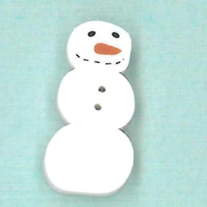 May include: A white snowman-shaped button with a black top hat, eyes, and mouth, and an orange carrot nose. The snowman has two small black buttons for the body. The button is a festive winter decoration.