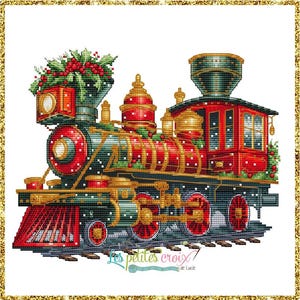 May include: A red and green Christmas train with a wreath on the front. The train is decorated with holly and snow. The text "Les petites croix de Lucie" is on the bottom of the image.