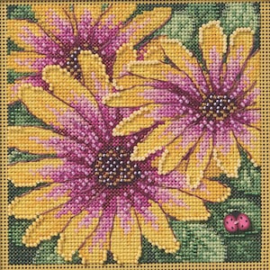 May include: Needlepoint canvas featuring three large flowers with yellow petals and pink centers. The flowers are set against a green background with a small ladybug design in the corner. The canvas is framed with a gold border.