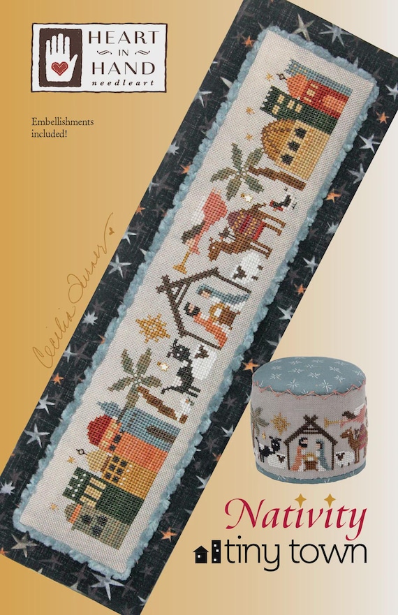 Nativity Tiny Town Counted Cross Stitch Pattern with embellishments by Heart in Hand