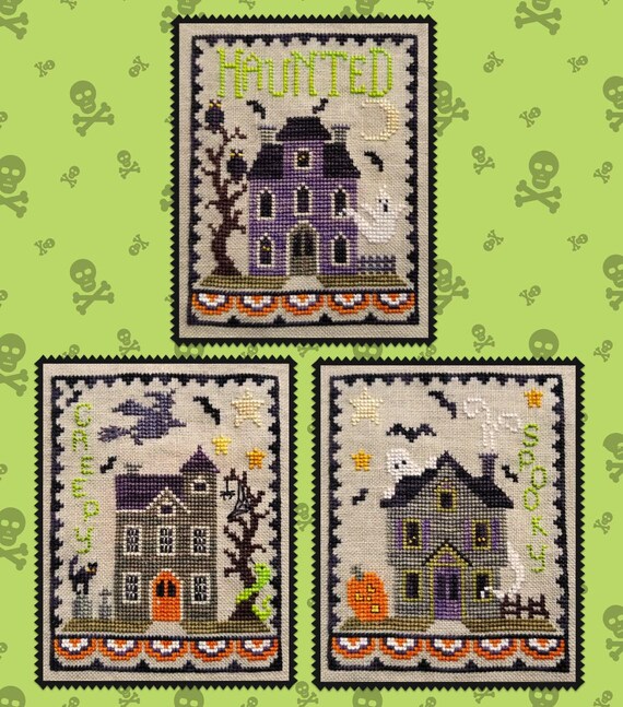 Haunted House Trio Counted Cross Stitch Pattern Leaflet by Waxing Moon Designs #197