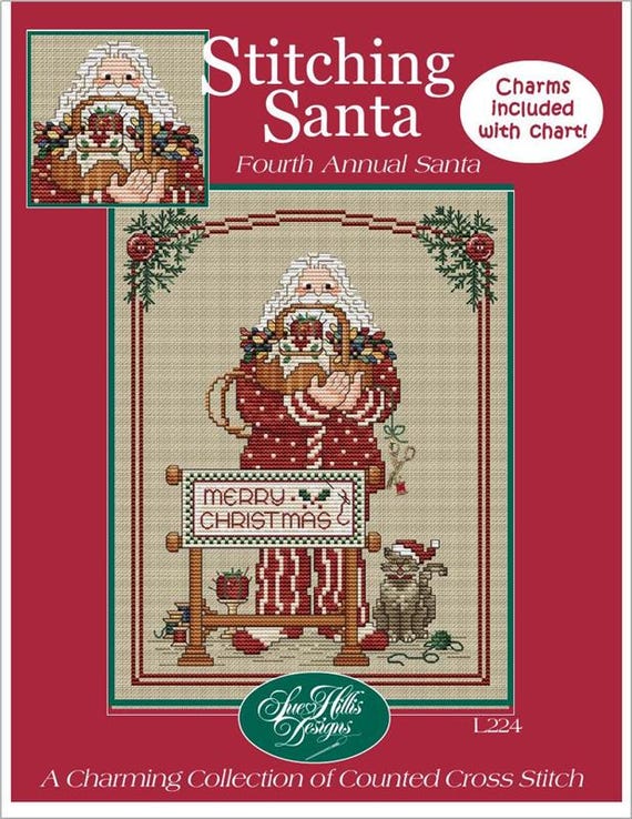 Stitching Santa by Sue Hillis Designs Counted Cross Stitch Pattern with Charms