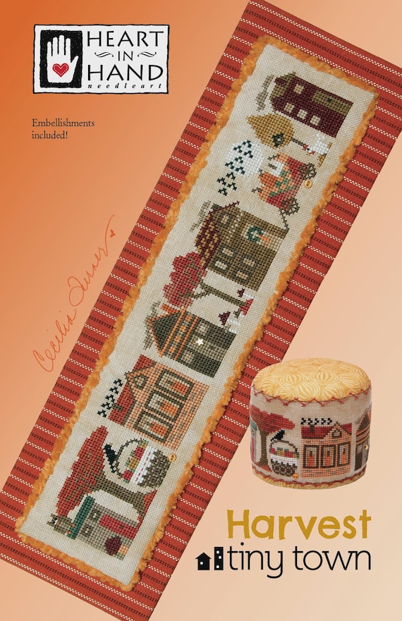 Harvest Tiny Town Counted Cross Stitch Pattern by Heart in Hand with embellishments