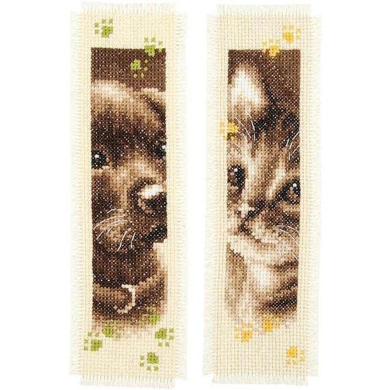 Vervaco Counted Cross Stitch Bookmark Kit ~ Cat & Dog on Aida