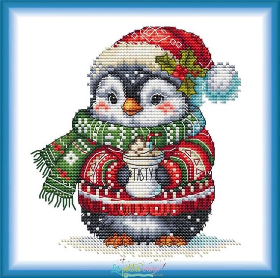 Penguin with his chocolate counted cross stitch leaflet by Les petites croix de Lucie