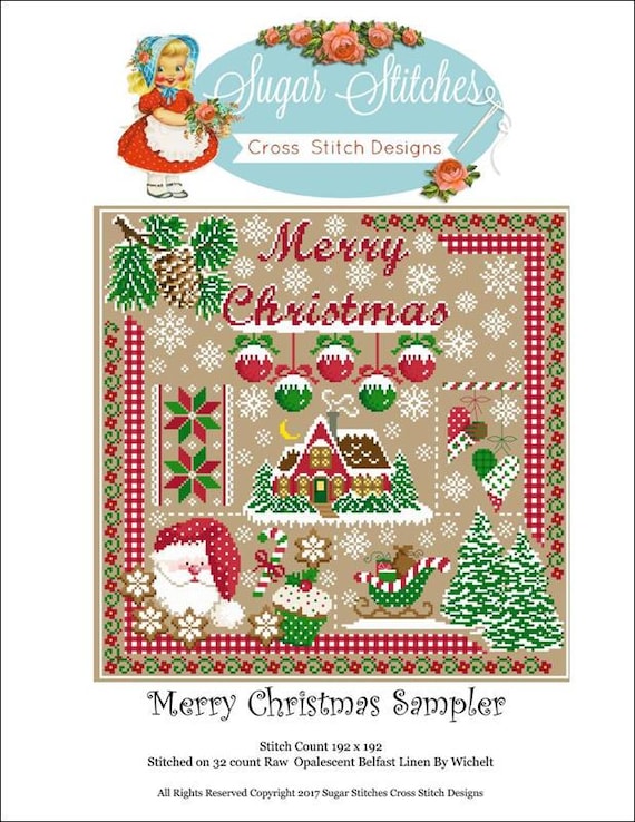 Merry Christmas Sampler Counted Cross Stitch Pattern by Sugar Stitches Design - Printed Pattern