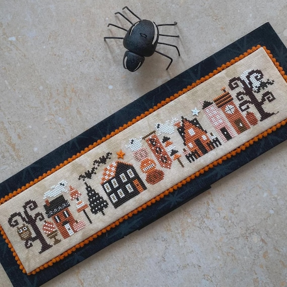 Halloween Tiny Town Counted Cross Stitch Pattern by Heart in Hand with embellishments