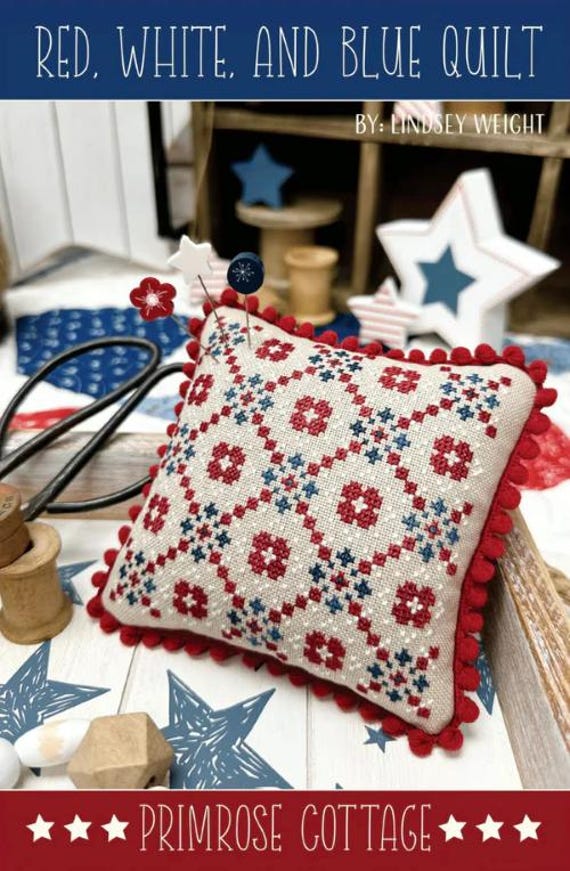 Primrose Cottage Counted Cross Stitch Chart ~ Red, White and Blue Quilt