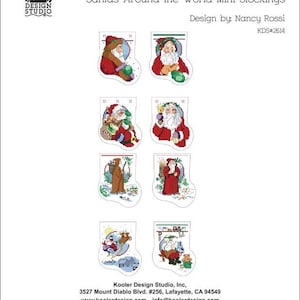 May include: A white paper with the text "Kooler Classic Charts Santas Around the World Mini Stockings" and illustrations of mini Christmas stockings featuring Santa Claus in various designs. The design is by Nancy Rossi.