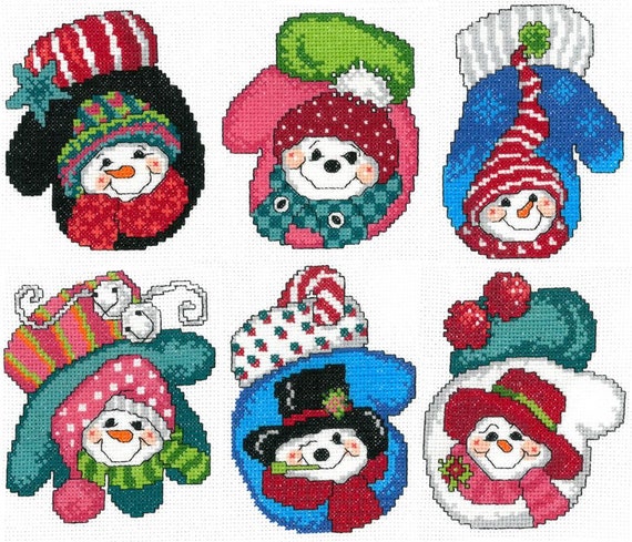 Ursula Michael Imaginating Counted Cross Stitch Chart ~ Snowman Mitten Ornaments